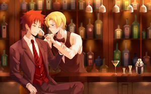兩位身穿西裝的男士在酒吧喝酒，身後有瓶子。 — 食戟之靈 壁紙