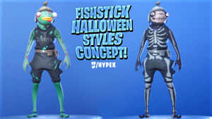 兩個 Fortnite Fishstick 萬聖節角色皮膚，分別為骷髏和綠色殭屍風格。 — 魚棒 Fortnite 壁紙