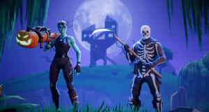 滿月下詭異沼澤中的兩個 Fortnite 萬聖節角色。 — 忍者 要塞英雄 壁紙