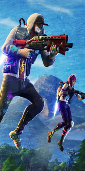 兩個 Fortnite 玩家在山脈景觀上空進行空中戰鬥，手持發光武器。 — 電玩遊戲 GIF 壁紙