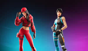 兩個穿著色彩繽紛服裝的 Fortnite 角色在漸變背景前擺姿勢。 — 紅寶石 堡壘之夜 壁紙