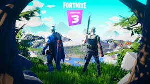兩個 Fortnite 角色從一個長滿草的山丘上俯瞰一個色彩繽紛的島嶼景觀。 — 要塞英雄 大逃殺 壁紙
