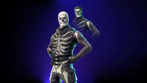 兩個 Fortnite 骷髏角色在發光的紫色背景下擺姿勢。 — 紫色銀河 壁紙