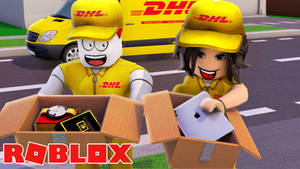 兩個 Roblox DHL 角色在街上從紙箱中拆開奢侈品。 — 酷炫 Roblox 壁紙