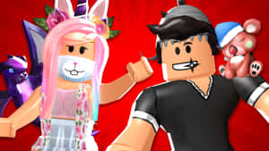 兩個 Roblox 角色與龍和泰迪熊在紅色背景前。 — Roblox 女孩 壁紙