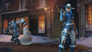 《鬥陣特攻》角色在雪地城鎮中，有雪人和節日燈飾。 — 冬季風景 壁紙