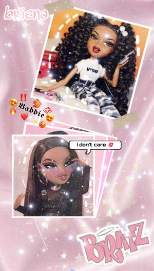 兩個Bratz娃娃，化著大膽妝容，穿著時尚服裝，在閃爍粉紅背景上。 — Beanie Boos 壁紙