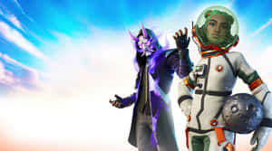 兩個穿著太空裝備的Fortnite角色在明亮的天空下拿著月球岩石。 — 要塞英雄 大逃殺 壁紙