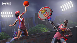 兩名Fortnite玩家在體育場燈光下進行夜間籃球比賽。