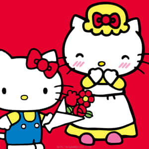 兩個Hello Kitty角色，一個手持玫瑰，另一個身穿連衣裙，兩者在紅色背景前微笑。 — 美學白 壁紙