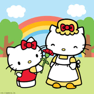 兩個Hello Kitty角色在戶外彩虹下拿著一朵花。 — iPad Pro 13 壁紙