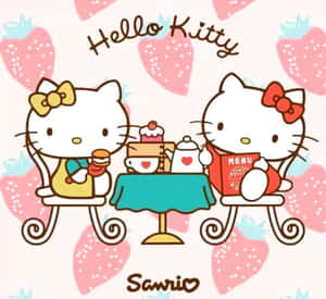 兩個Hello Kitty角色正在進行有蛋糕和菜單的茶會。 — 魯夫微笑 壁紙