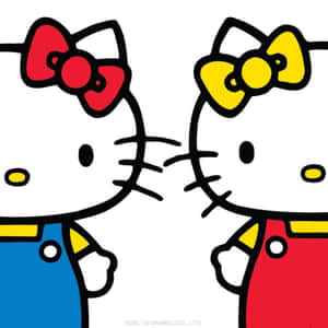 兩個Hello Kitty角色穿著彩色吊帶褲，戴著蝴蝶結，面對面。 — 白色百合花 壁紙