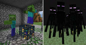 來自Minecraft的殭屍和終界使者，以方塊像素藝術風格呈現。 — 最佳我的世界 壁紙