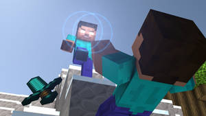 兩個Minecraft角色，一個手持劍，另一個發出藍色光環。 — 電玩遊戲 GIF 壁紙