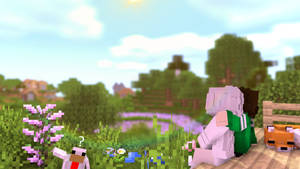 兩個Minecraft角色在一個有狐狸和紫色花的草地上的長凳上擁抱。 — 花園 壁紙