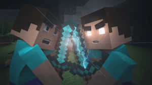 兩個Minecraft角色在夜間用電能互相戰鬥。