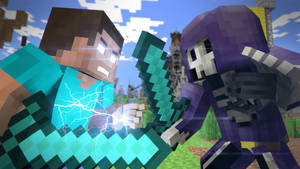 兩個Minecraft玩家用鑽石劍和閃電效果戰鬥。 — 電玩遊戲 GIF 壁紙