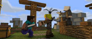 兩個Minecraft玩家在方塊村莊中用劍戰鬥。 — 我的世界 壁紙