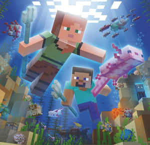 兩個Minecraft角色在水底與魚類和珊瑚一起游泳。 — 我的世界苦力怕 壁紙