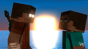 兩個Minecraft角色站在水中，在日落時互相對望。 — 我的世界 壁紙