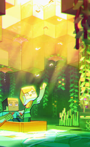 兩個Minecraft角色在一個發光的叢林中，有金色方塊和藤蔓。 — Pixel Tablet 壁紙