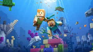 兩個Minecraft角色與珊瑚和海洋生物一起在水底游泳。 — 我的世界苦力怕 壁紙