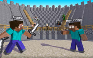 Minecraft角色在石頭競技場中，像素戰士和標誌性人物觀看。