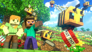 兩個Minecraft玩家在陽光明媚的像素化田野中被巨型蜜蜂包圍。 — 我的世界苦力怕 壁紙