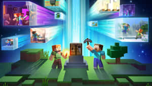兩個Minecraft角色在方塊世界中手持工具，周圍有漂浮的遊戲場景。 — 我的世界 壁紙