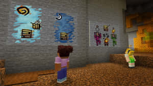 兩個Minecraft玩家在方塊房間內觀看石牆上的彩色像素藝術。 — 我的世界 壁紙