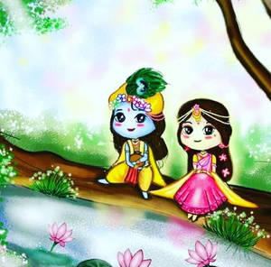 Q版克里希納和拉妲坐在樹枝上，下方是帶有粉紅色蓮花的池塘。 — 民間藝術 壁紙
