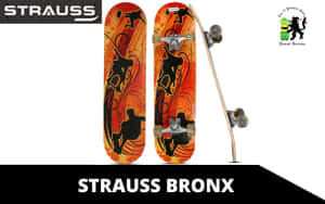 Strauss Bronx滑板，帶有橙色火焰設計和黑色滑板者剪影。 — 滑板 GIF 壁紙