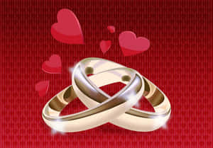 兩個交織的金色結婚戒指，在紅色心形圖案背景上漂浮著心形。 — 情侶 壁紙