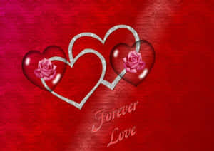 兩個心形搭配玫瑰和閃爍輪廓，紅色背景上有 Forever Love 文字。 — 美學愛心 壁紙
