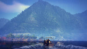 兩個人在船上向著黃昏時分的山村航行。 — 電玩遊戲 GIF 壁紙