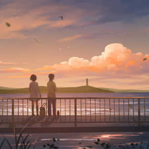 兩個人站在欄杆上，眺望遠方有燈塔的海上日落。 — 動漫愛情 GIF 壁紙
