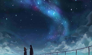 兩個人在夜間從欄杆欣賞帶有星雲的多彩星空。 — 四月是你的謊言 壁紙