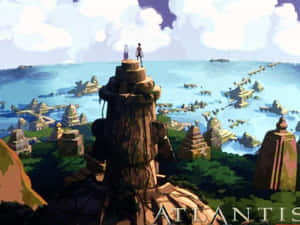 兩名探險家站在搖搖欲墜的廢墟上，眺望著陽光普照的水下城市，那裡有古老的石廟。 — 帝國大廈 壁紙