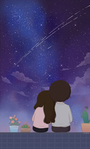 兩個人坐在一起觀看帶有流星的星空。 — 霓虹紫 壁紙