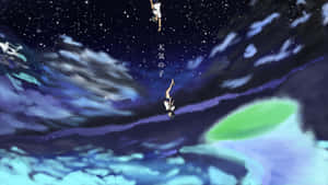 兩個動漫角色倒轉漂浮在滿佈星斗的夜空中，帶有旋轉的雲朵和一個發光的綠色球體。