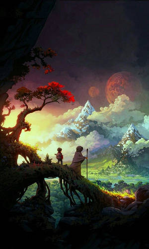 兩個孩子在一條根橋上，凝視著紅月下發光的山脈。 — 卡通手機 壁紙