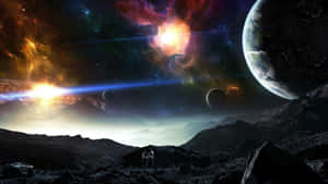 兩個人在岩石行星上觀看色彩繽紛的星雲和遙遠的世界。 — 太空美學動圖 壁紙