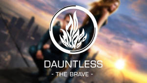 火焰設計標誌和文字 Dauntless The Brave 在日落城市天際線上。 — 分歧者 壁紙