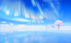 兩個人在藍天下，櫻花圍繞著一棵粉紅色的樹飄落。 — 四月是你的謊言 壁紙