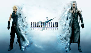 兩個《Final Fantasy VII 降臨之子》動漫角色在發光藍色數位效果中。 — 曉之雲動圖 壁紙