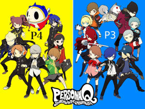 來自 Persona Q 的動漫角色由黃色和藍色背景及遊戲標誌分隔。 — 人格面具 壁紙