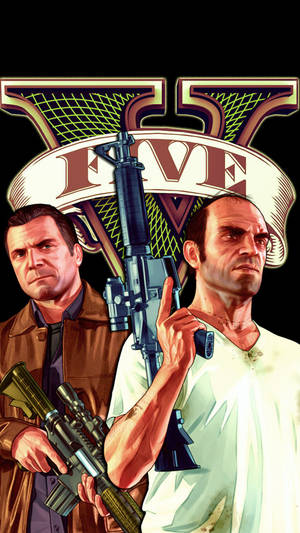 兩個來自GTA V的武裝男子，表情嚴肅，手持武器。 — 黑幫動圖 壁紙