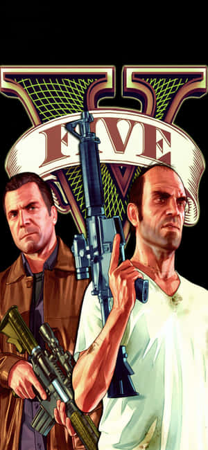 兩個來自GTA V的武裝男子，在遊戲標誌下手持步槍。 — 電玩遊戲 GIF 壁紙