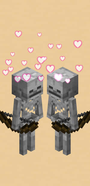 兩個 Minecraft 骷髏手牽手，頭頂上方有漂浮的心形。 — Pixel 4 壁紙